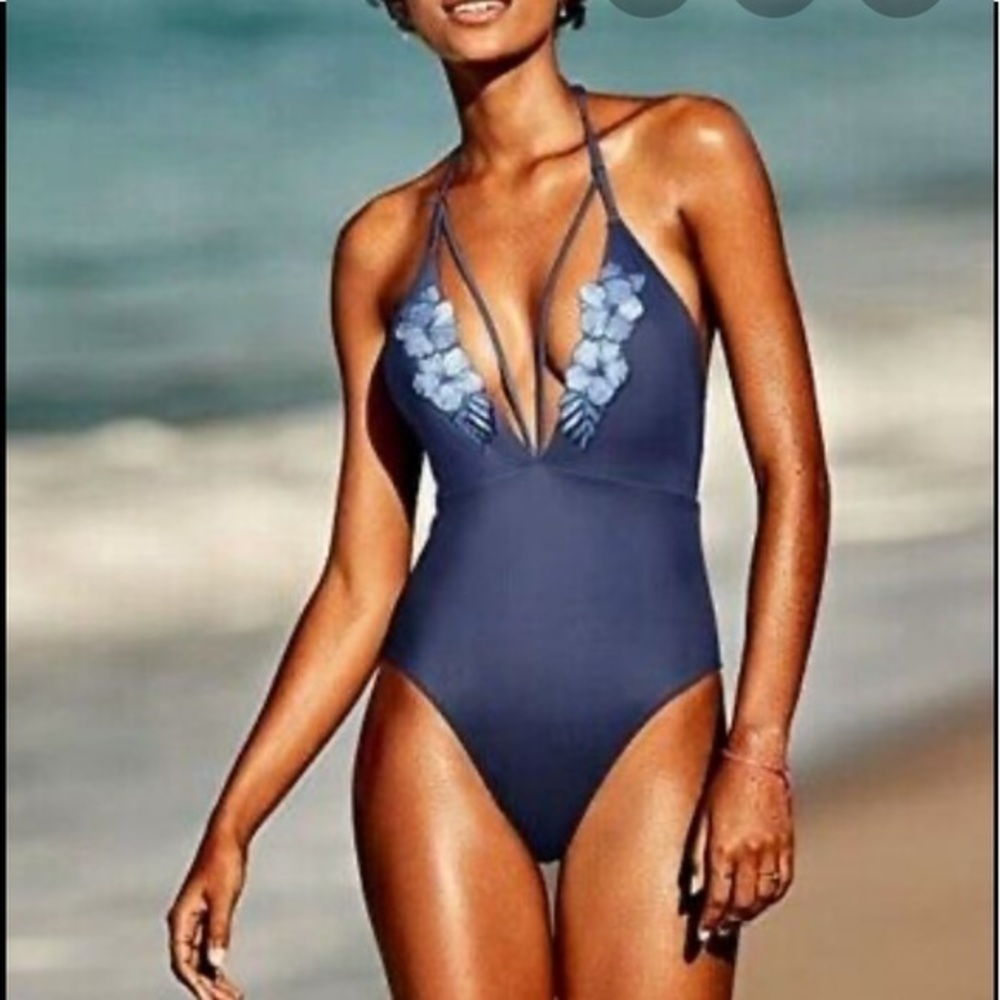 NWT Victoria's Secret PINK Floral Applique Plunge One Piece Swimsuit M